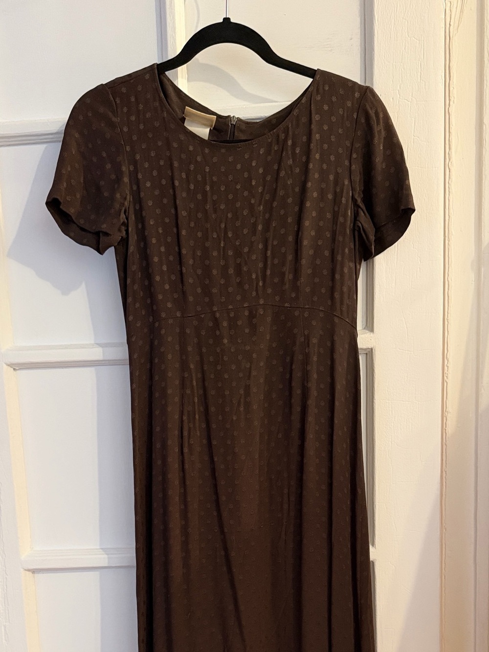 Laura Ashley Brown Dot-Textured Jacquard Short-Sleeve Maxi Dress 90s